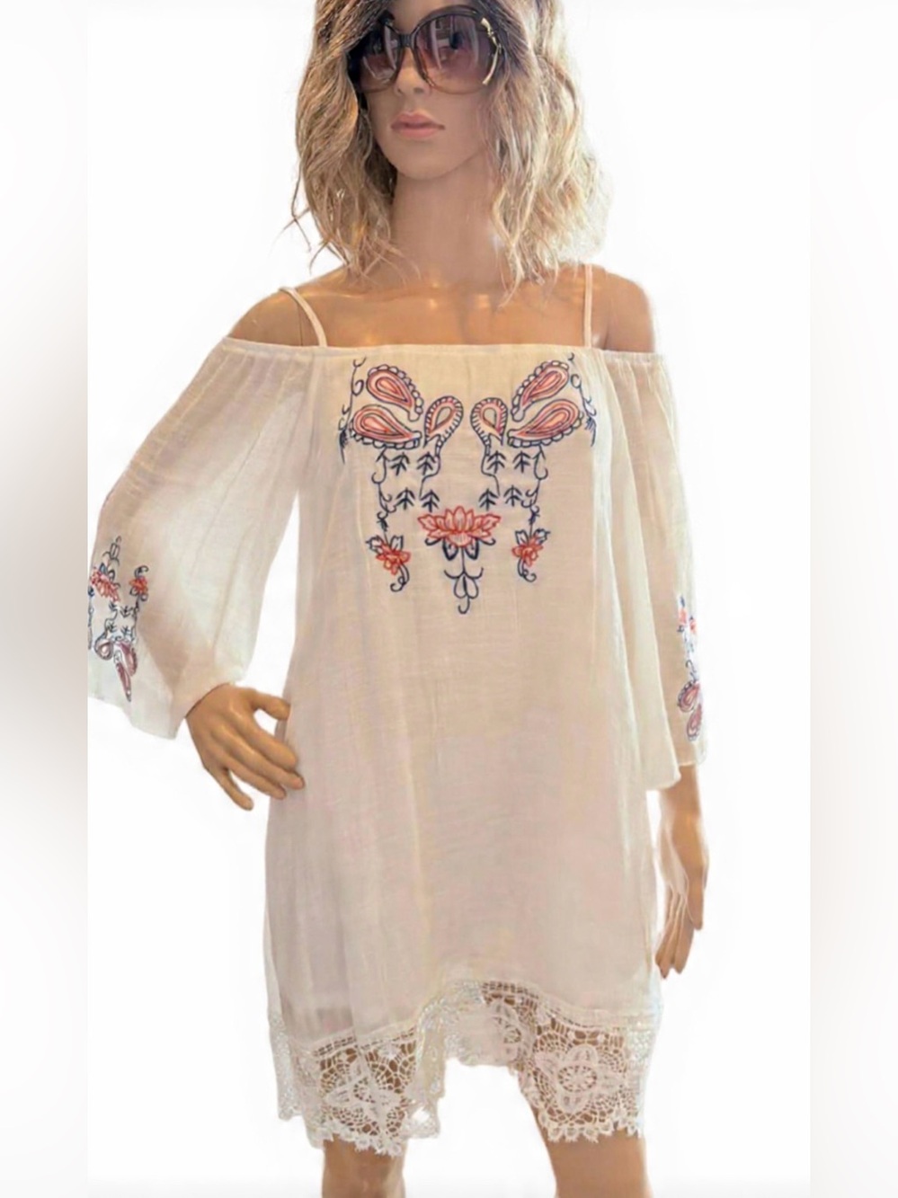 J Gee Boho White Off-Shoulder Mini Dress Embroidered Details Size PS flowy lined